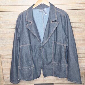 Bisou Bisou Dark Wash Raw Hem Denim Blazer Contrast Stich Size 3X Y2K